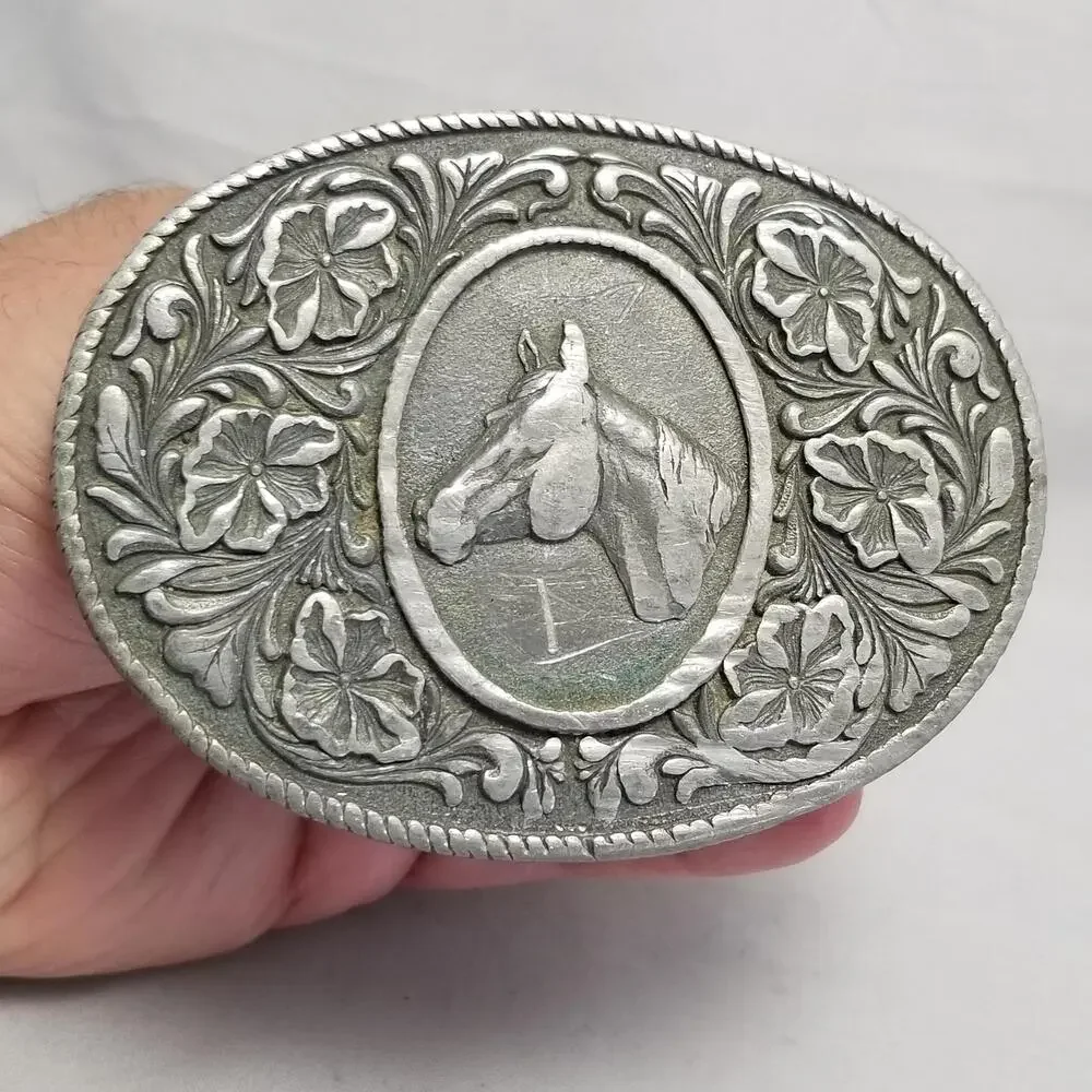 Belt Buckle 1974 Horse Head Flowers Rope Edge Oval Shape Western Cowboy Rodeo US